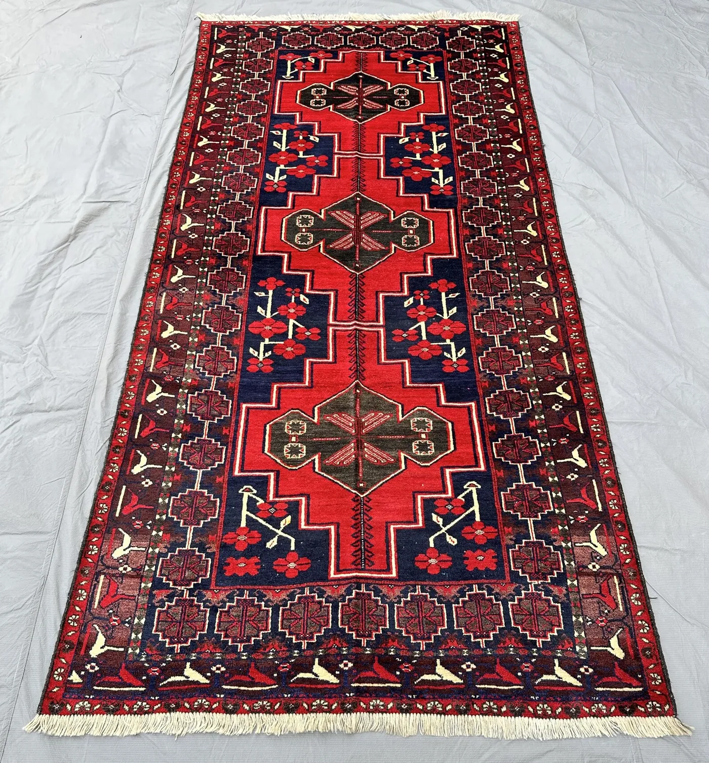 Vintage Baluchi 4x9 Hallway Rug, Tribal Medallion Floral Rug, Red Blue Wool Wide Runner Rug Bedroom Decor Living Room Floor Art Carpet