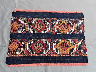 2.2x3.1 ft Afghan Baluchi Antique Flat Weave Handmade Wool Rug - Geometric Red, Blue & Yellow Design with Pink