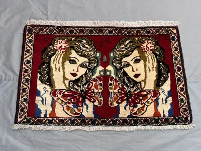 2x3.2 ft Afghan Pictorial Women Rug | Vintage & Antique Hand-Knotted Afghan Rug | Tribal Art Design | Red, Blu