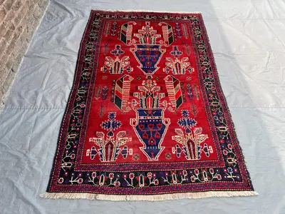 4.7x7.7 ft Afghan Baluch Hand-Knotted Rug | Vintage Red & Blue Tribal Design | Wool Rug \ living room rug \ af