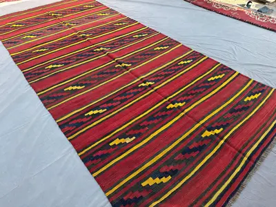Antique Afghan Baluch Kilim Rug 5'4" x 12'0" | Handwoven Tribal Flat-Weave | Large Faded Turkmen Wool Area Rug
