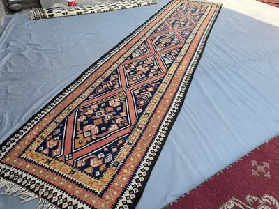 Antique Afghan Flat-Weave Runner Rug 4'0" x 12'0" | Tribal Turkmen Kilim | 12 Ft Long Faded Wool Carpet | Turk