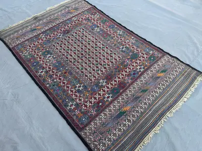 Antique Afghan Baluch Kilim Rug 2'8" x 4'3" | Handmade Tribal Sumak Wool Carpet | High-Quality Woven Accent De
