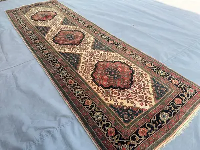 2'7 x 8'3 ft Antique Afghan Handmade Tribal Runner Rug Wide Hallway Rug Caucasian Style Geometric Pattern Turk