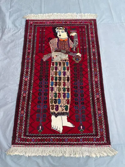 Vintage Afghan Baluch Pictorial Rug 3'2x 5'4 ft | Handmade Wool Wall Hanging | Queen Art Design | Tribal Decor