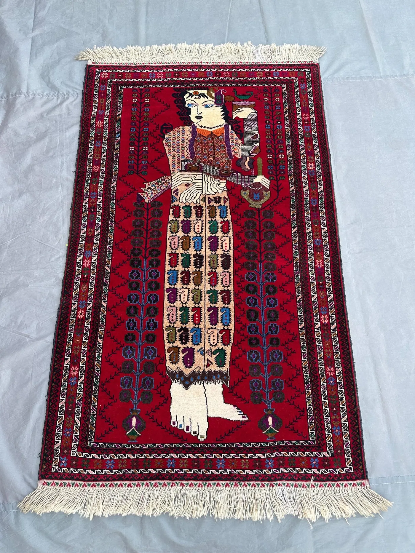 Vintage Afghan Baluch Pictorial Rug 3'2x 5'4 ft | Handmade Wool Wall Hanging | Queen Art Design | Tribal Decorative Rug for Home Decor