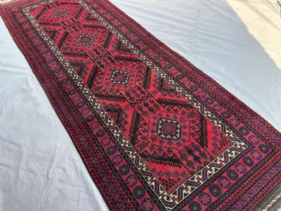 4.3x12.0 ft Antique Baluch Wide Runner Rug Afghan Tribal Soft Wool Hallway Rug Vintage Handmade Carpet, Turkme