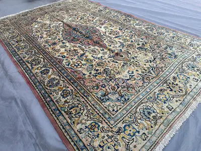 4'3x6'8 Antique Hand-Knotted Rug | Persian-Style Kashan Floral Medallion Design | Ivory, Navy & Rose Wool | Li