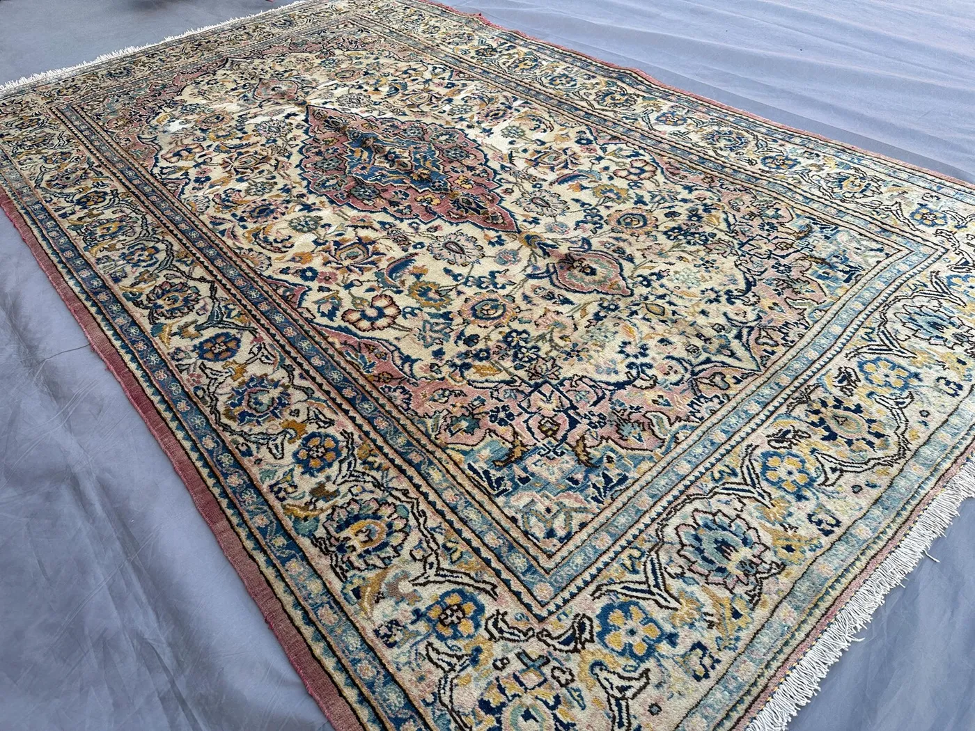4'3x6'8 Antique Hand-Knotted Rug | Persian-Style Kashan Floral Medallion Design | Ivory, Navy & Rose Wool | Living Room Area Rug