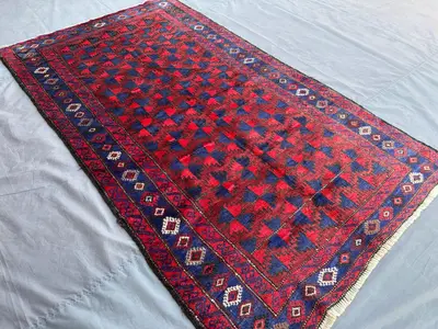 Antique Afghan Baluch Tribal Rug 4'5" x 7'9" | High-Pile Turkmen Wool Carpet | Geometric Pattern Red Rug | Vin