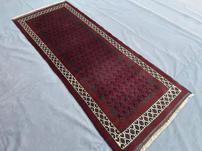 Vintage Afghan Baluch Runner Rug 3x6 ft Geometric Tribal Wool badam Gul Design | Handmade Hallway Carpet, Gorg