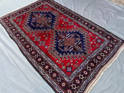 Vintage Afghan Baluch Tribal Rug 4'4" x 7'3" | High-Pile Nomadic Wool Carpet | Geometric Fine Moroccan-Style R