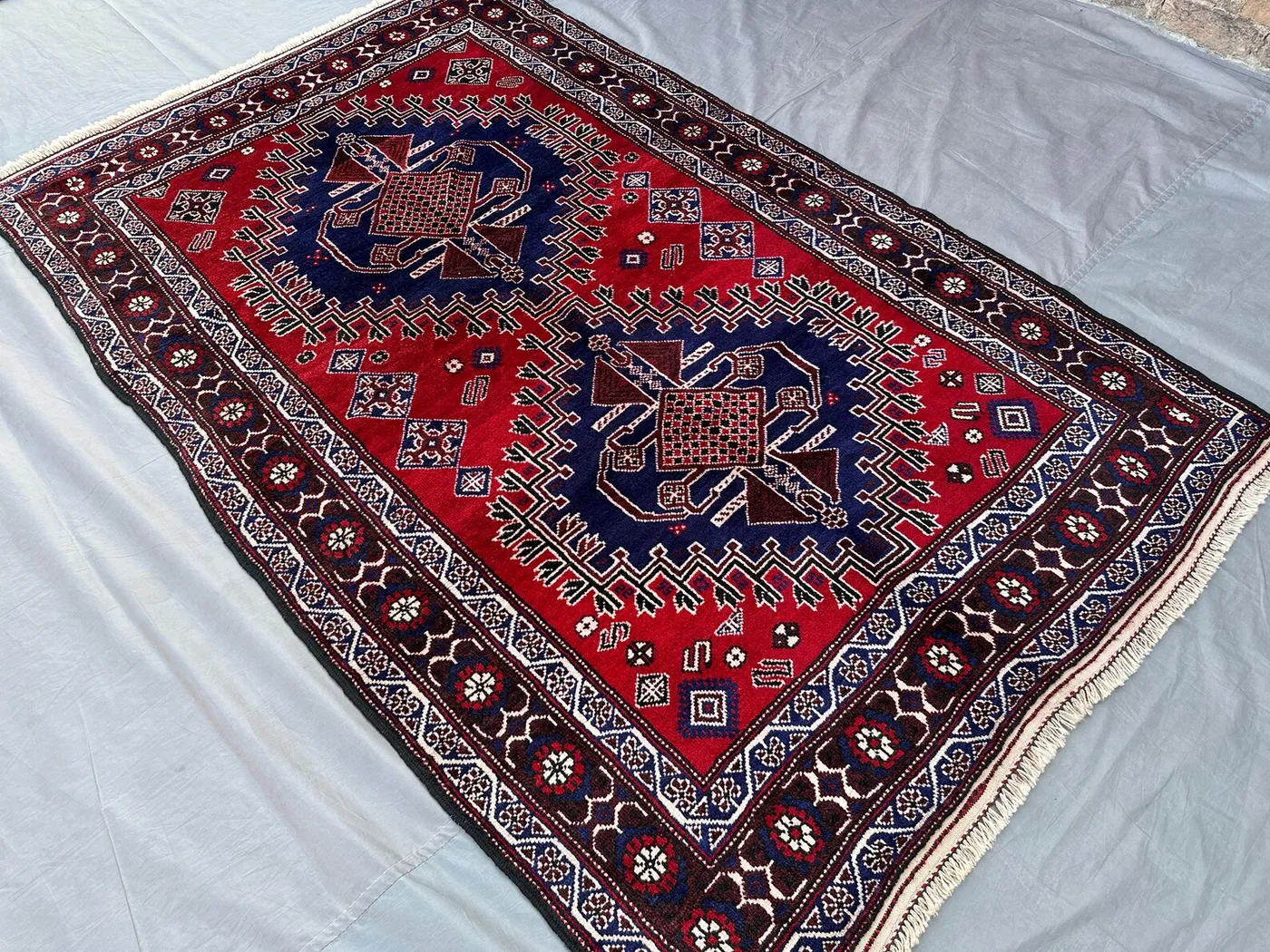 Vintage Afghan Baluch Tribal Rug 4'4" x 7'3" | High-Pile Nomadic Wool Carpet | Geometric Fine Moroccan-Style Red Rug | Handmade Afghan Rug