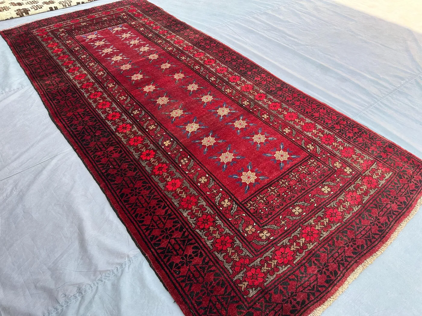 Antique Ersari Rug 4'6x9'9 Ft Handmade Afghan Wool Wide Runner | Tribal Turkmen Bukhara Carpet | Vintage Area Rug for Living Room, patio Rug