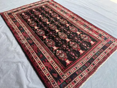 Vintage Afghan Baluch Tribal Rug 4'5x6'10 ft | High-Pile Nomadic Wool Carpet | Geometric Fine Moroccan-Style R