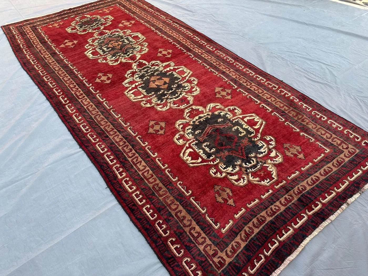 4'9x10'2 ft Afghan Baluch Wide Runner Rug – Tribal Wool Turkmen Pattern, Vintage Carpet, Handmade Antique Moroccan Style Area Rug, patio rug