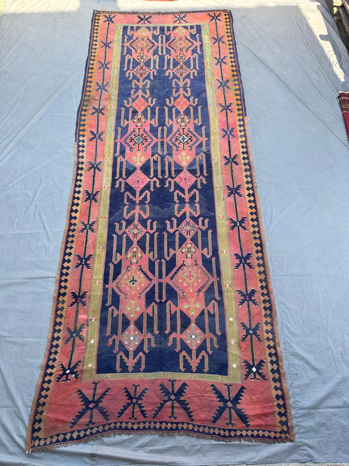 Antique Afghan Flat-Weave Runner Rug 6x15 Tribal Turkmen Kilim | 15 Ft Long Faded Wool Carpet | Turkish-Style kilim Hallway Runner Rug,