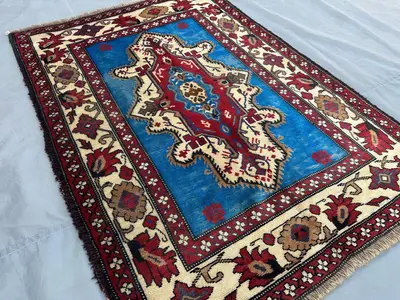 Antique Afghan Baluch Tribal Rug - 3'6"x4'9" Geometric Pattern, Turkmen Faded Design, Wool Rug in Sky Blue, Sm