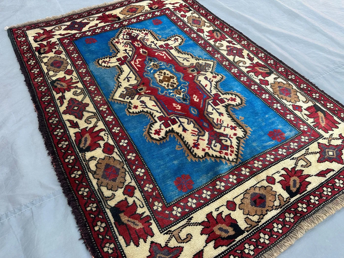 Antique Afghan Baluch Tribal Rug - 3'6"x4'9" Geometric Pattern, Turkmen Faded Design, Wool Rug in Sky Blue, Small Area Rug, Kids rug