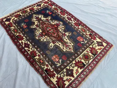 Antique Afghan Baluch Tribal Rug - 3x5 Geometric Pattern, Turkmen Faded Design, Wool Rug in Sky Blue, Small Ar