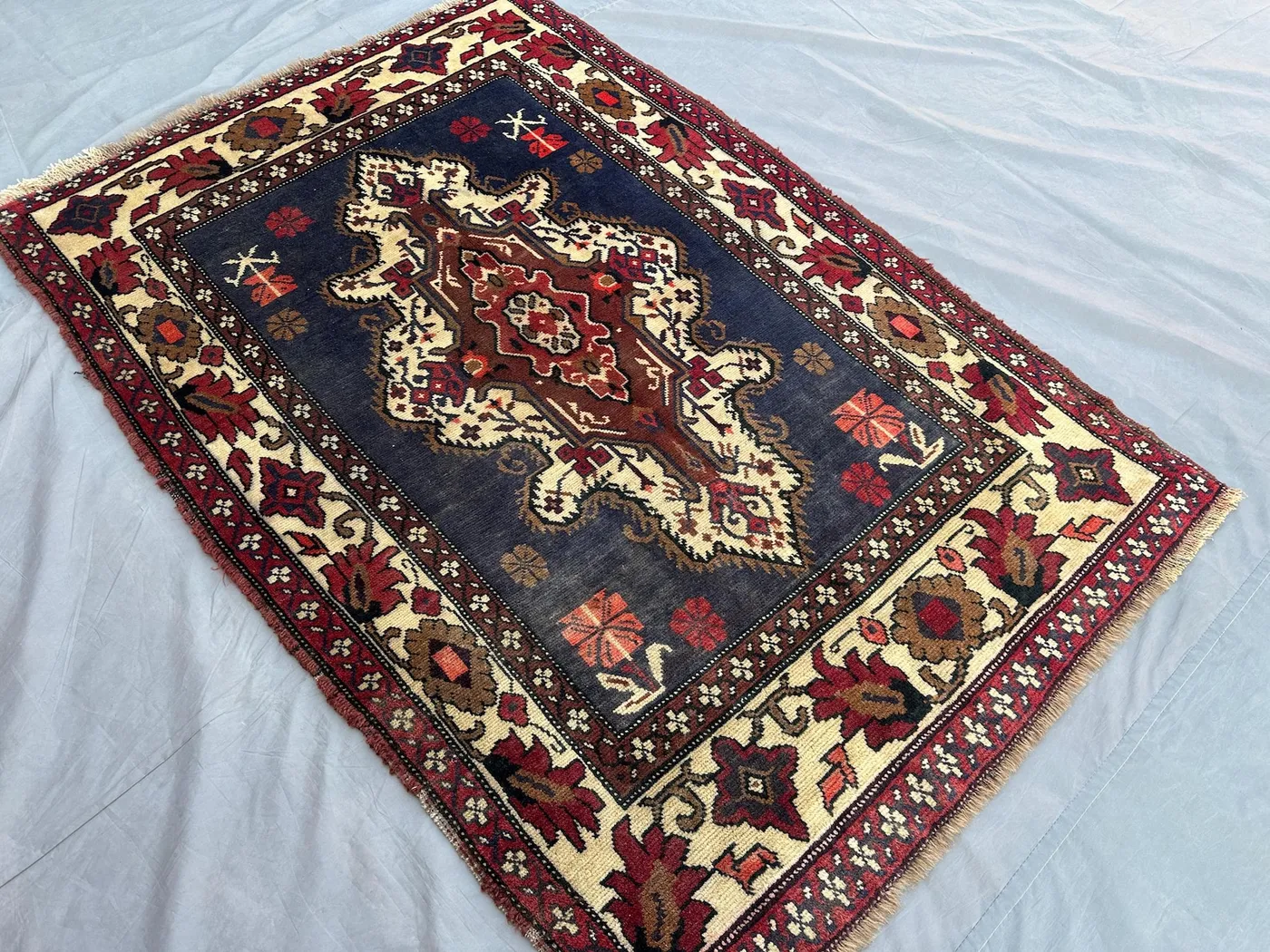 Antique Afghan Baluch Tribal Rug - 3x5 Geometric Pattern, Turkmen Faded Design, Wool Rug in Sky Blue, Small Area Rug, Kids rug, Moss Rug