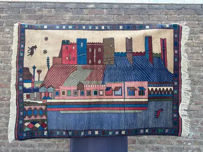 Antique Afghan Baluch Tribal Rug - 3'1"x4'5" Pictorial City Design, Faded Turkmen Style, Handwoven Wall Hangin