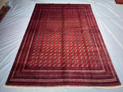 7x9 Vintage Turkmen Bukhara Rug, Hand Knotted Wool Tribal Rug, Khoja Rishnai Red Ivory Black Geometric Carpet,
