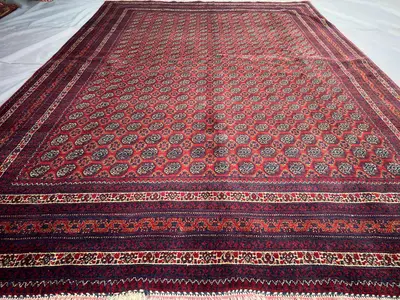 7x9 Vintage Turkmen Bukhara Rug, Hand Knotted Wool Tribal Rug, Khoja Roshnai Red Ivory Black Geometric Carpet,