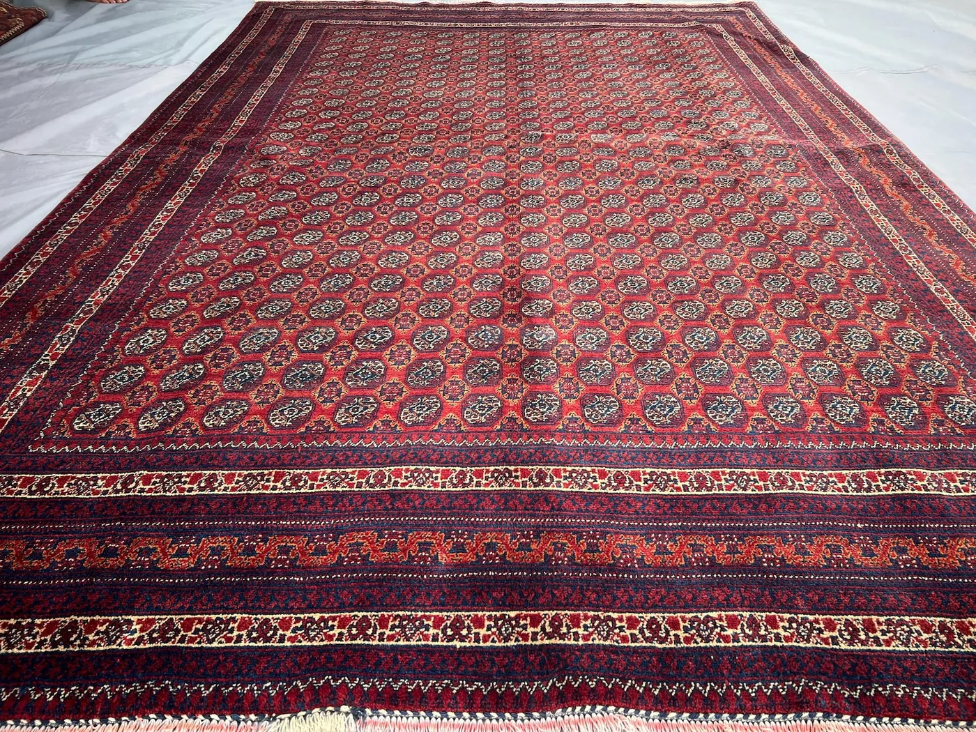 7x9 Vintage Turkmen Bukhara Rug, Hand Knotted Wool Tribal Rug, Khoja Roshnai Red Ivory Black Geometric Carpet, Living Room Rug, Afghan Rug
