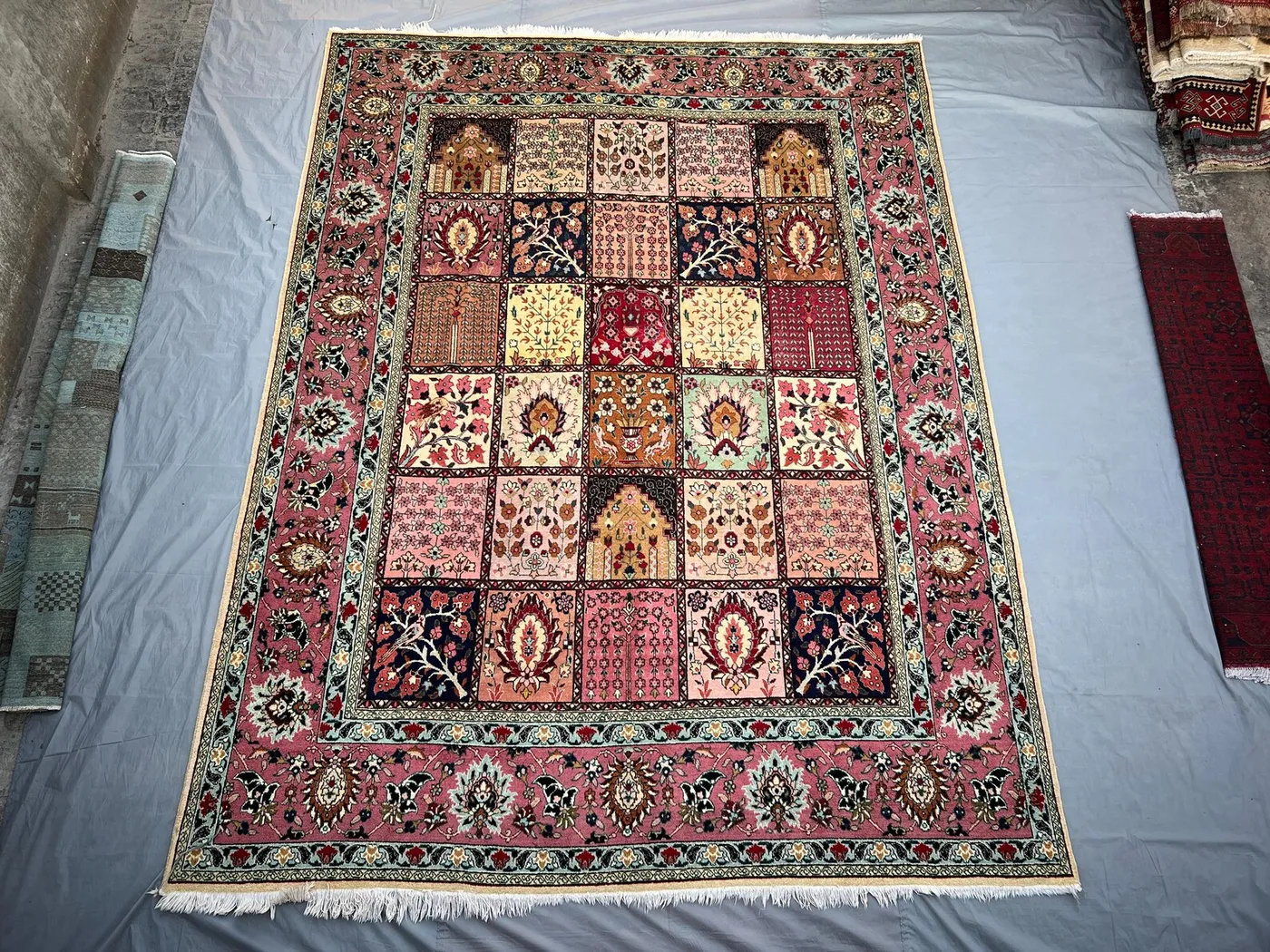 10x13 Persian-Style Bakhtiari Garden Panel Rug | Vintage 1980s Afghan Hand Knotted Wool | Char Fasal Four Seasons Design