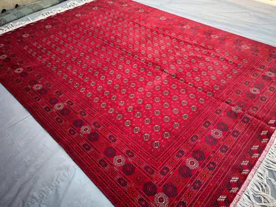 8x11 Afghan Hand Knotted Rug, Turkmen Bukhara Wool Area Rug, Red Black White Carpet, Living Room Decor, Bedroo