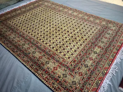 8'3x11'5 ft Afghan Hand Knotted Rug, Turkmen Bukhara Wool Area Rug, Mowri Design, Red Black Beige Carpet, Livi