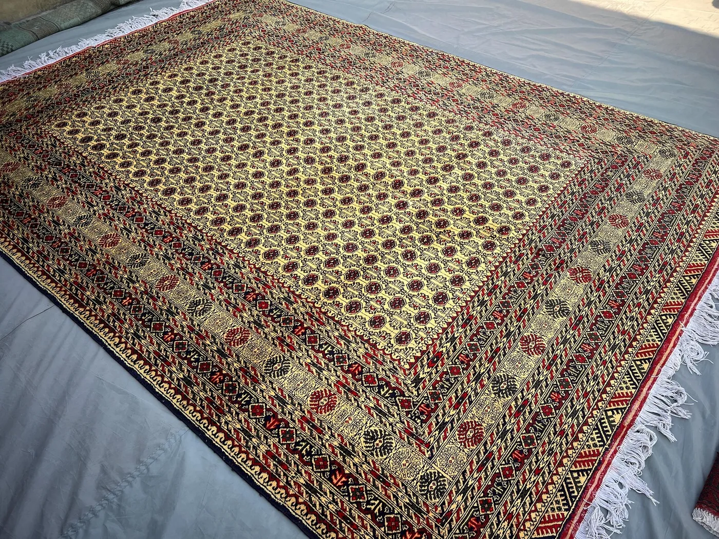 8'3x11'5 ft Afghan Hand Knotted Rug, Turkmen Bukhara Wool Area Rug, Mowri Design, Red Black Beige Carpet, Living Room Rug, Bedroom Large Rug