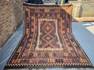 200x284 cm Vintage Afghan Ghelmori Kilim Rug | Turkmen Tribal Handmade Flat Weave | Faded Geometric Wool Rug |