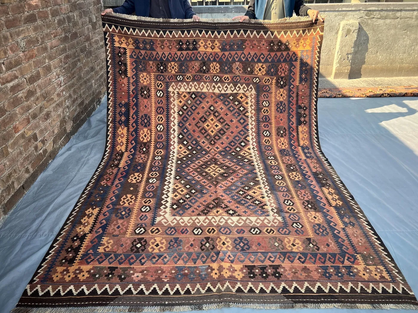 200x284 cm Vintage Afghan Ghelmori Kilim Rug | Turkmen Tribal Handmade Flat Weave | Faded Geometric Wool Rug | Turkish Style Large Area Rug