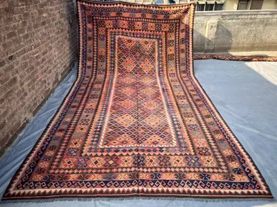 8x15 Antique Afghan Kilim Rug, Tribal Flat Weave Geometric Wool Rug, Vintage Turkmen Rug Oversized Rug, Palace