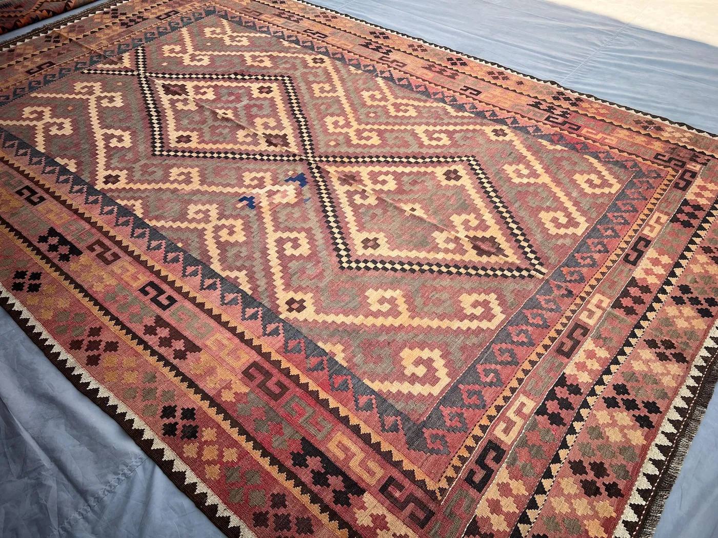 Afghan Handmade Flatweave Rug 7.8x12.1 ft | Vintage Turkmen Wool Rug | Maimana Tribal Geometric Kilim | Large Faded Boho Floor Rug Palce Rug