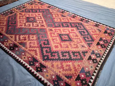 Afghan Handmade Flatweave Rug 6.6x9.9 ft | Tribal Turkmen Geometric Wool Rug | Faded Vintage Large Floor Rug |