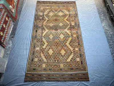 8'0" x 14'9" ft Afghan Handmade Tribal Kilim Rug | Maimana Wool Flat Weave | Vintage Oversized Turkmen Geometr