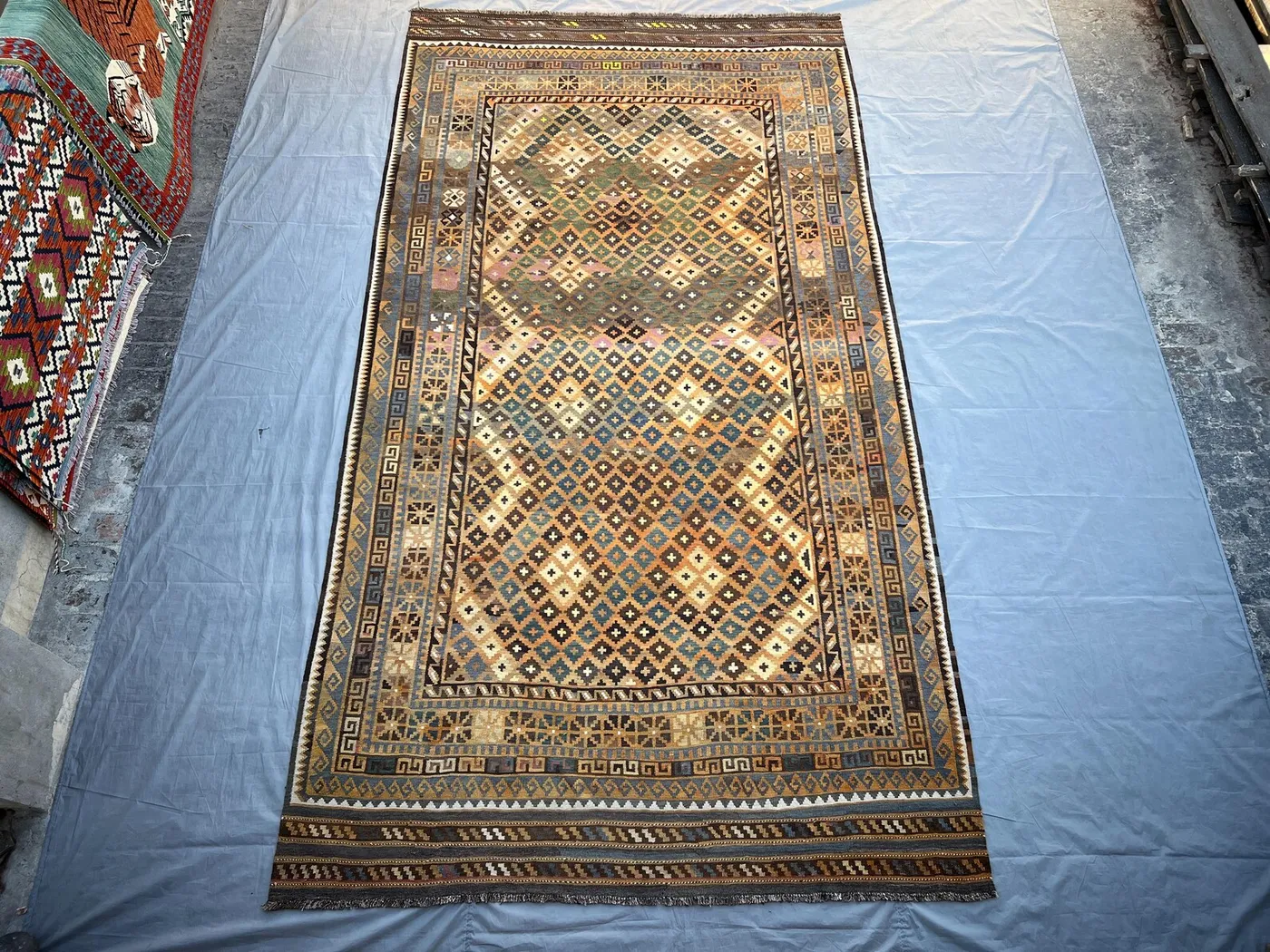 8'0" x 14'9" ft Afghan Handmade Tribal Kilim Rug | Maimana Wool Flat Weave | Vintage Oversized Turkmen Geometric Rug, Palace Rug, Floor rug