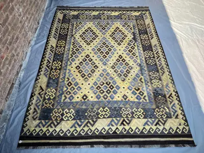 7'1x9'8 ft Afghan Handmade Kilim Rug, Vintage Turkmen Flat Weave Wool Rug, Faded Blue & Beige Geometric Area R