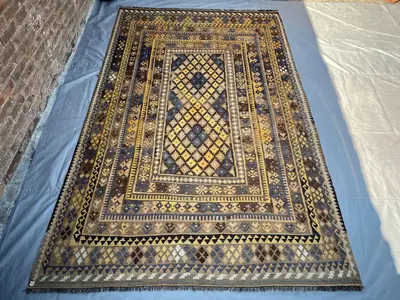 6'8x10'9 ft Afghan Handmade Kilim Rug, Vintage Tribal Wool Rug, Geometric Turkmen Flat Weave, Faded Earth Tone