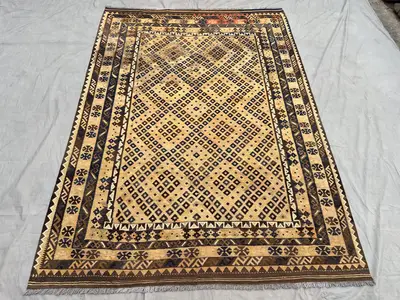 Afghan Handmade Flat Weave Kilim Rug | 7x10 Turkmen Geometric Wool Rug | Vintage Tribal Carpet, Bedroom rug, G