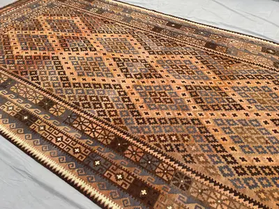 8x15 Antique Turkmen Kilim Rug | Handwoven Wool Tribal Carpet | Geometric Design | Afghan Flatweave Area Rug |