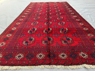 5x8 Antique Afghan Handmade Baluch Tribal Rug, Hand Knotted Wool Carpet, Geometric Red Bukhara Vintage Area Ru