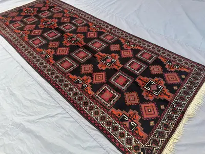 Afghan Hand-Knotted Baluch Runner Rug 3'9x9'6 ft Wide Tribal Wool Rug, Vintage Geometric Carpet | Handmade Afg
