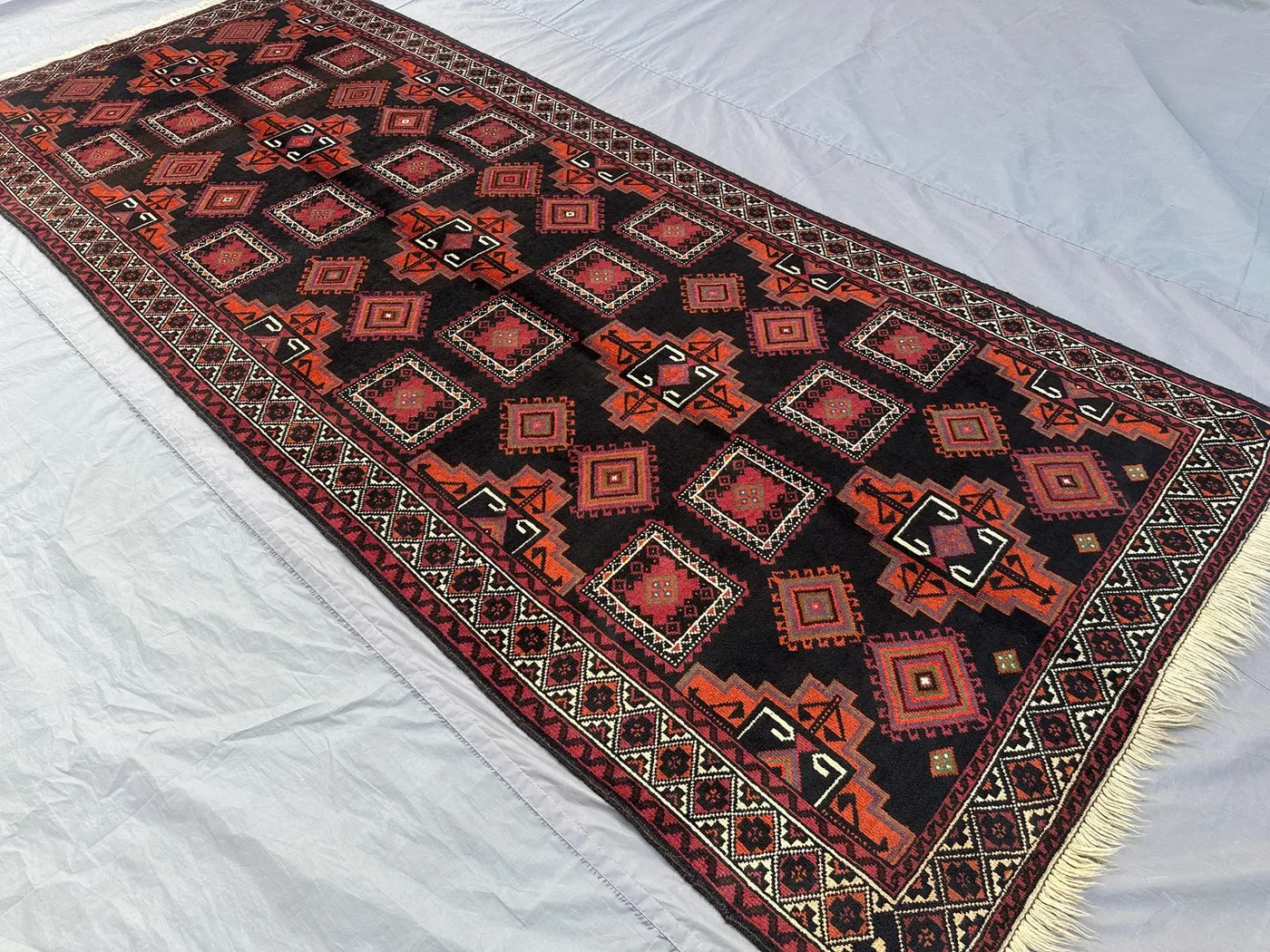 Afghan Hand-Knotted Baluch Runner Rug 3'9x9'6 ft Wide Tribal Wool Rug, Vintage Geometric Carpet | Handmade Afghan Wool Runner, Hallway Decor