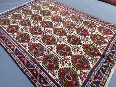 Vintage Afghan Hand-Knotted Tribal Rug 4'5x6 ft, Turkmen Geometric Wool Rug | Handmade Pictorial Birds Carpet 