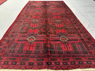 Antique Afghan Hand-Knotted Baluch Rug 4'9x9'1 ft, Tribal Geometric Wool Carpet | Vintage Handmade Area Rug | 
