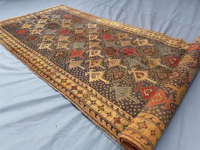 4x13 Antique 1900s Hand Knotted Turkish Runner, No Pile Distressed Wool Rug, Vintage 13 ft Long Tribal Hallway